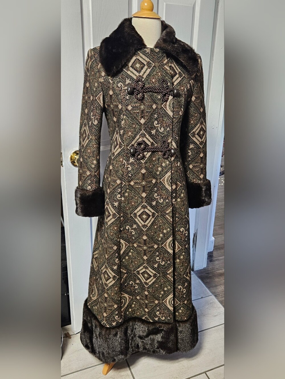 Stunning Vintage Tapestry Coat with Faux Fur Trim